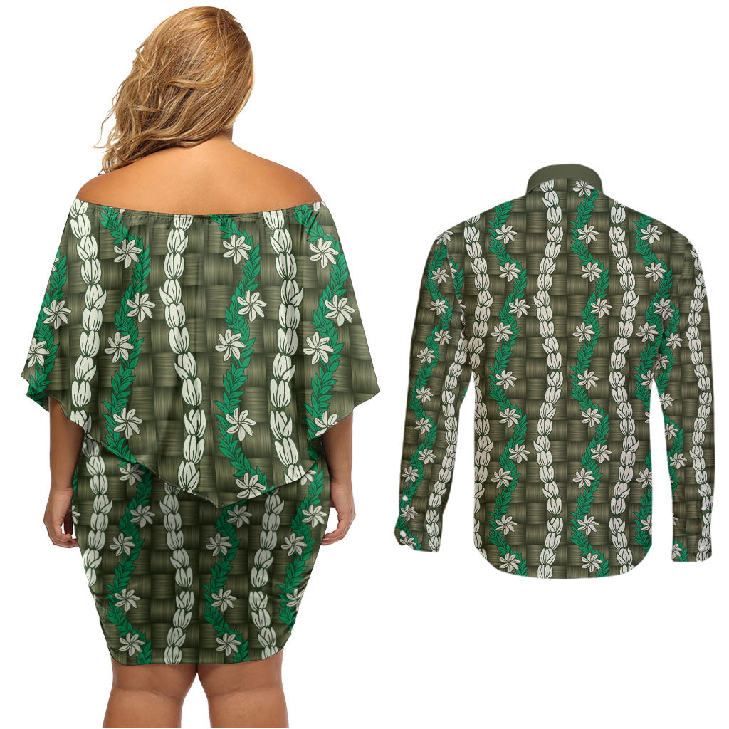 Pikake Maile Tiare Lei Couples Matching Off Shoulder Short Dress and Long Sleeve Button Shirt Omaomao Lauhala Pattern