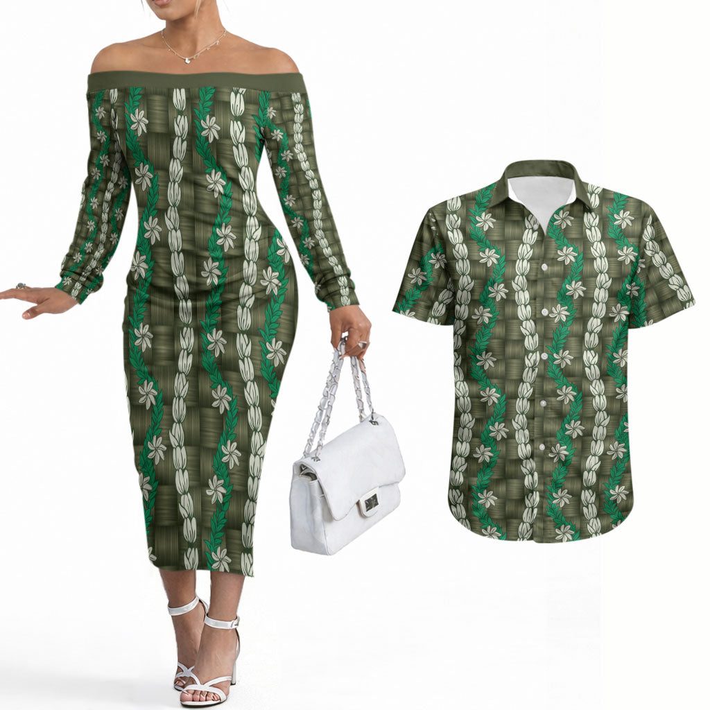 Pikake Maile Tiare Lei Couples Matching Off The Shoulder Long Sleeve Dress and Hawaiian Shirt Omaomao Lauhala Pattern LT01 Green - Polynesian Pride