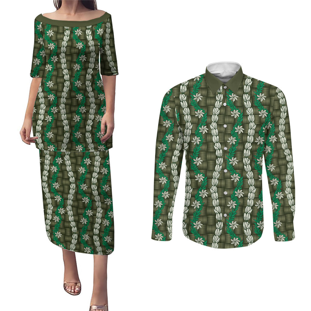 Pikake Maile Tiare Lei Couples Matching Puletasi and Long Sleeve Button Shirt Omaomao Lauhala Pattern