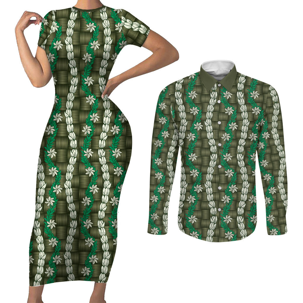 Pikake Maile Tiare Lei Couples Matching Short Sleeve Bodycon Dress and Long Sleeve Button Shirt Omaomao Lauhala Pattern
