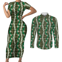Pikake Maile Tiare Lei Couples Matching Short Sleeve Bodycon Dress and Long Sleeve Button Shirt Omaomao Lauhala Pattern