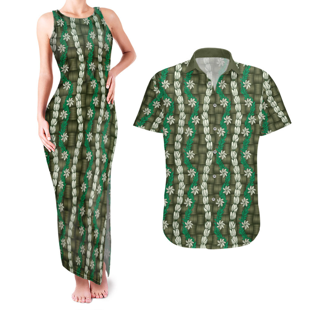 Pikake Maile Tiare Lei Couples Matching Tank Maxi Dress and Hawaiian Shirt Omaomao Lauhala Pattern