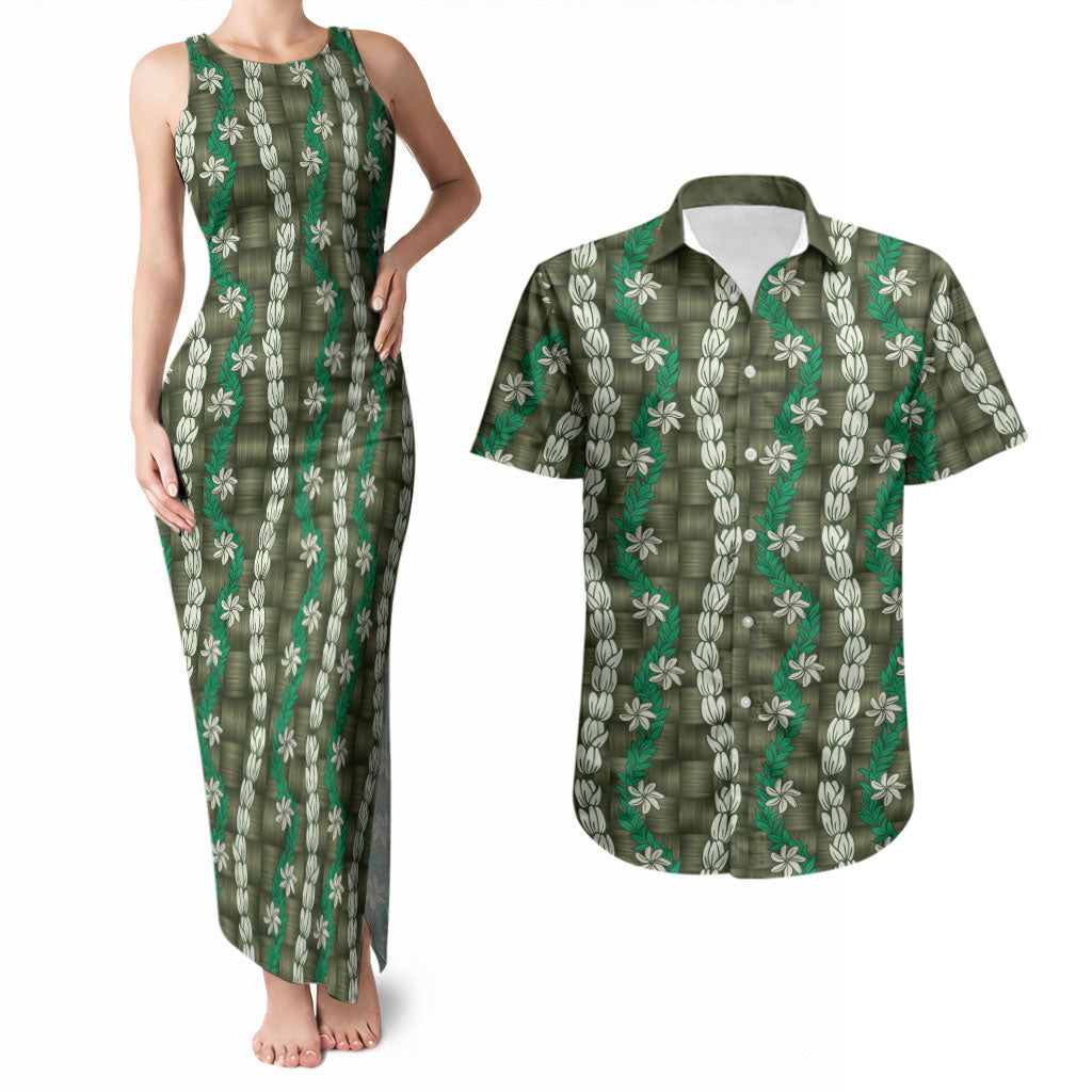 Pikake Maile Tiare Lei Couples Matching Tank Maxi Dress and Hawaiian Shirt Omaomao Lauhala Pattern LT01 Green - Polynesian Pride
