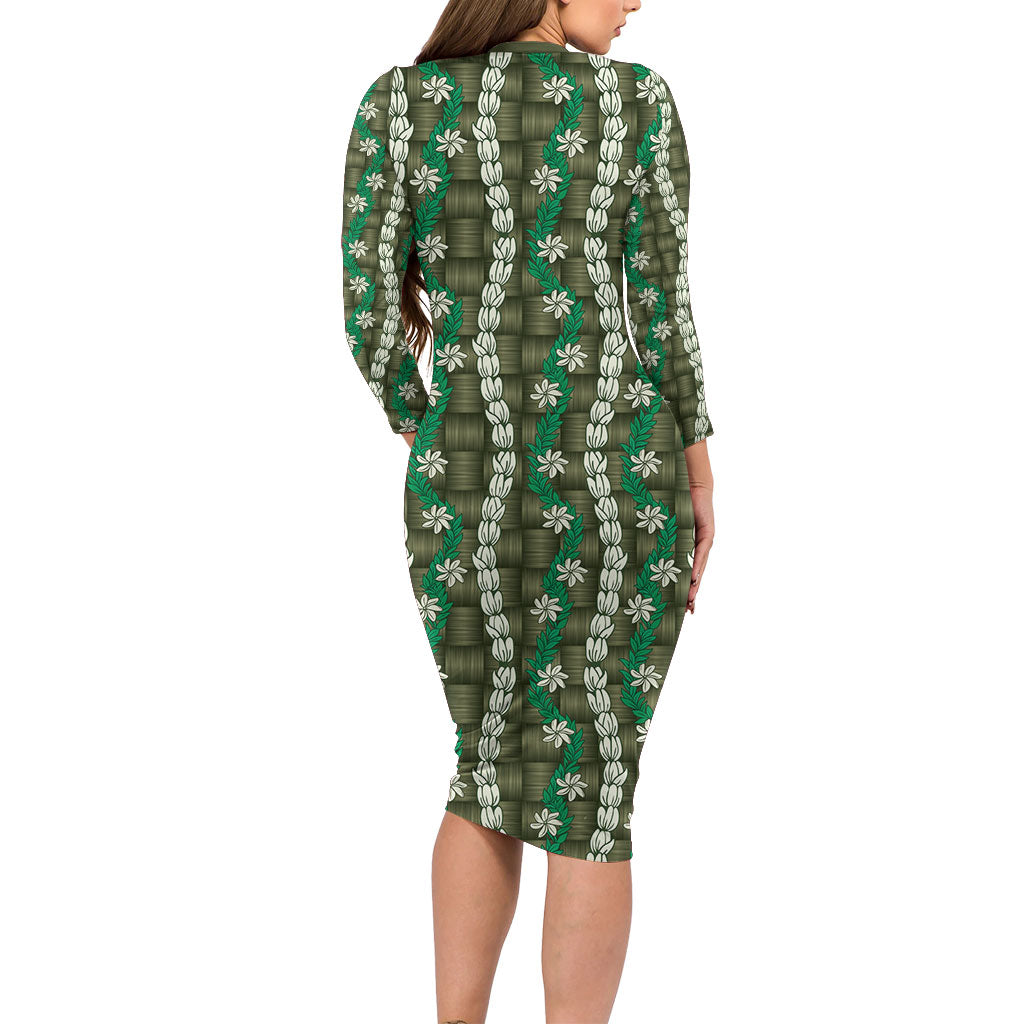 Pikake Maile Tiare Lei Family Matching Long Sleeve Bodycon Dress and Hawaiian Shirt Omaomao Lauhala Pattern