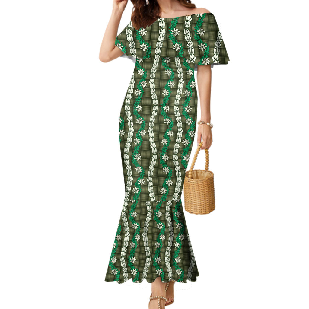 Pikake Maile Tiare Lei Family Matching Mermaid Dress and Hawaiian Shirt Omaomao Lauhala Pattern