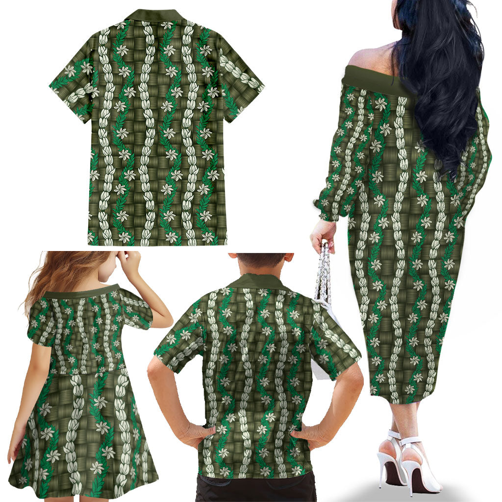 Pikake Maile Tiare Lei Family Matching Off The Shoulder Long Sleeve Dress and Hawaiian Shirt Omaomao Lauhala Pattern