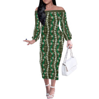 Pikake Maile Tiare Lei Family Matching Off The Shoulder Long Sleeve Dress and Hawaiian Shirt Omaomao Lauhala Pattern