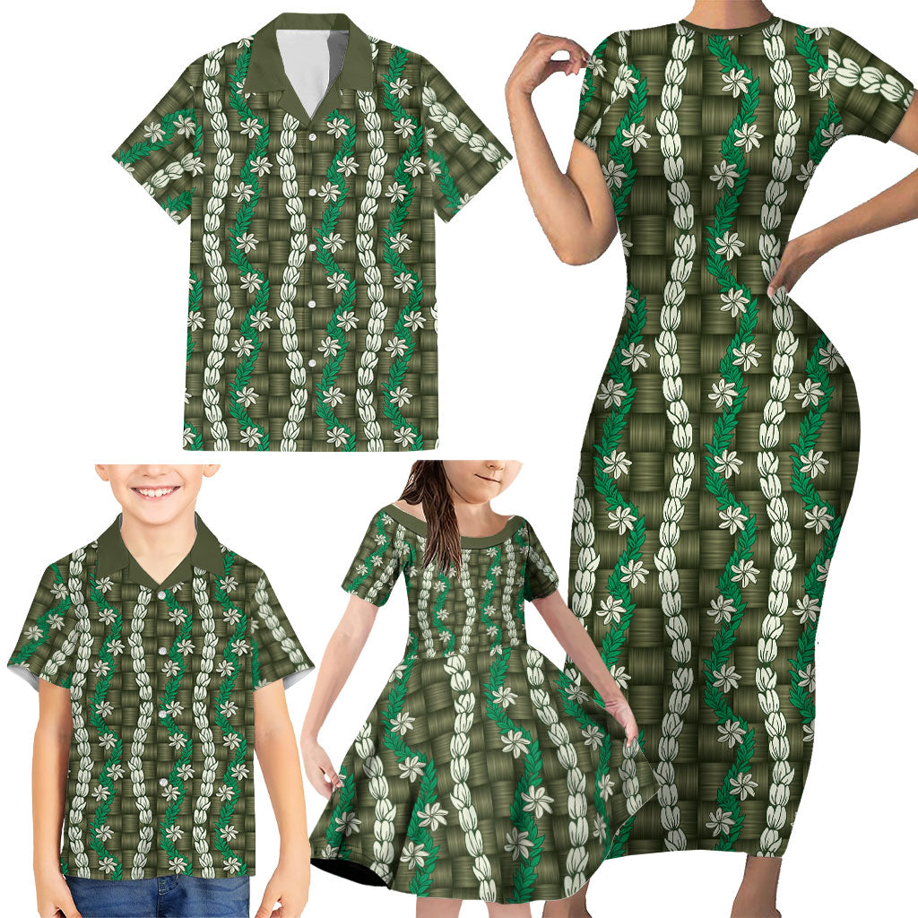 Pikake Maile Tiare Lei Family Matching Short Sleeve Bodycon Dress and Hawaiian Shirt Omaomao Lauhala Pattern