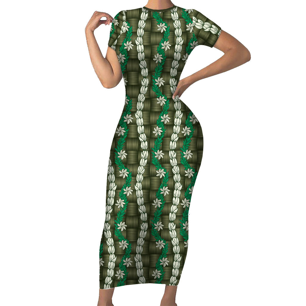 Pikake Maile Tiare Lei Family Matching Short Sleeve Bodycon Dress and Hawaiian Shirt Omaomao Lauhala Pattern