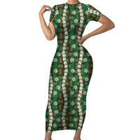 Pikake Maile Tiare Lei Family Matching Short Sleeve Bodycon Dress and Hawaiian Shirt Omaomao Lauhala Pattern