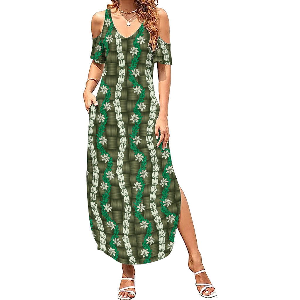 Pikake Maile Tiare Lei Family Matching Summer Maxi Dress and Hawaiian Shirt Omaomao Lauhala Pattern