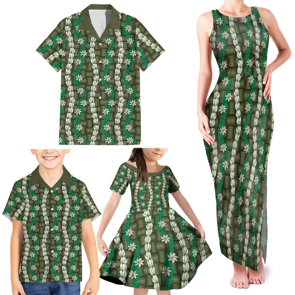 Pikake Maile Tiare Lei Family Matching Tank Maxi Dress and Hawaiian Shirt Omaomao Lauhala Pattern