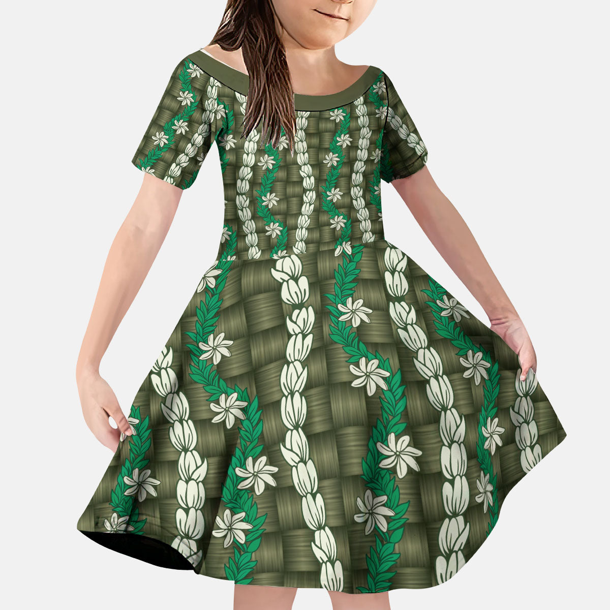 Pikake Maile Tiare Lei Kid Short Sleeve Dress Omaomao Lauhala Pattern