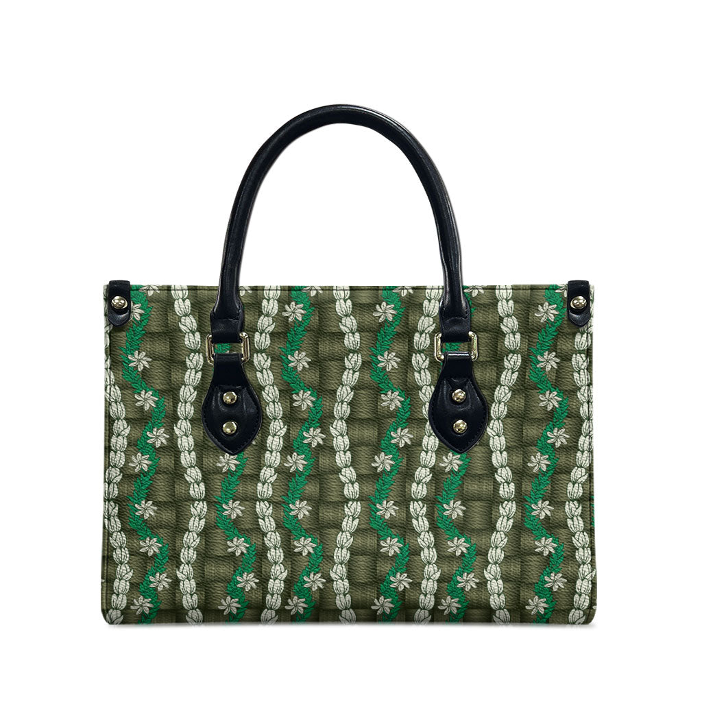 Pikake Maile Tiare Lei Leather Bag Omaomao Lauhala Pattern