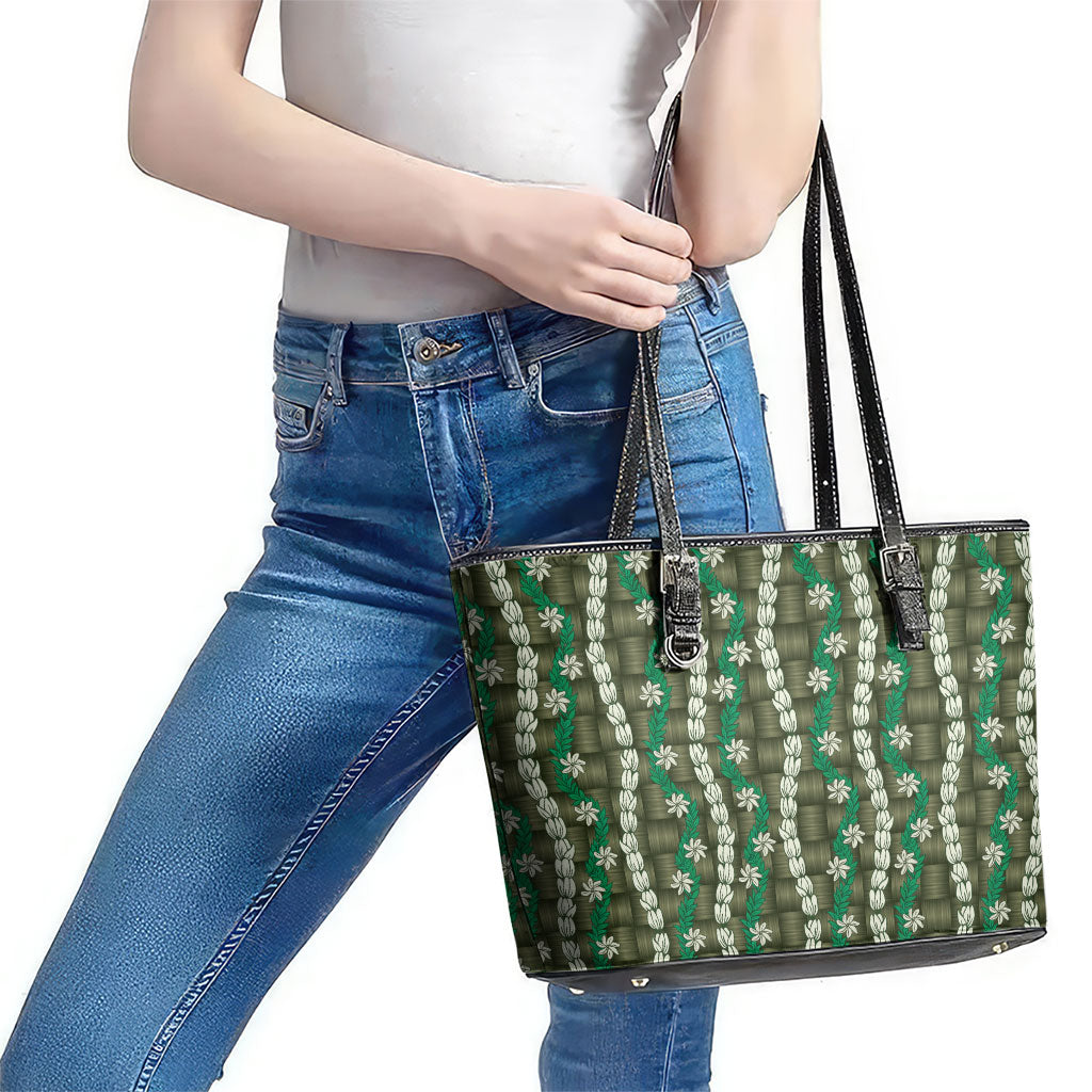 Pikake Maile Tiare Lei Leather Tote Bag Omaomao Lauhala Pattern