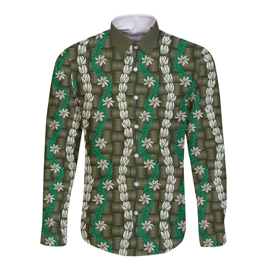 Pikake Maile Tiare Lei Long Sleeve Button Shirt Omaomao Lauhala Pattern