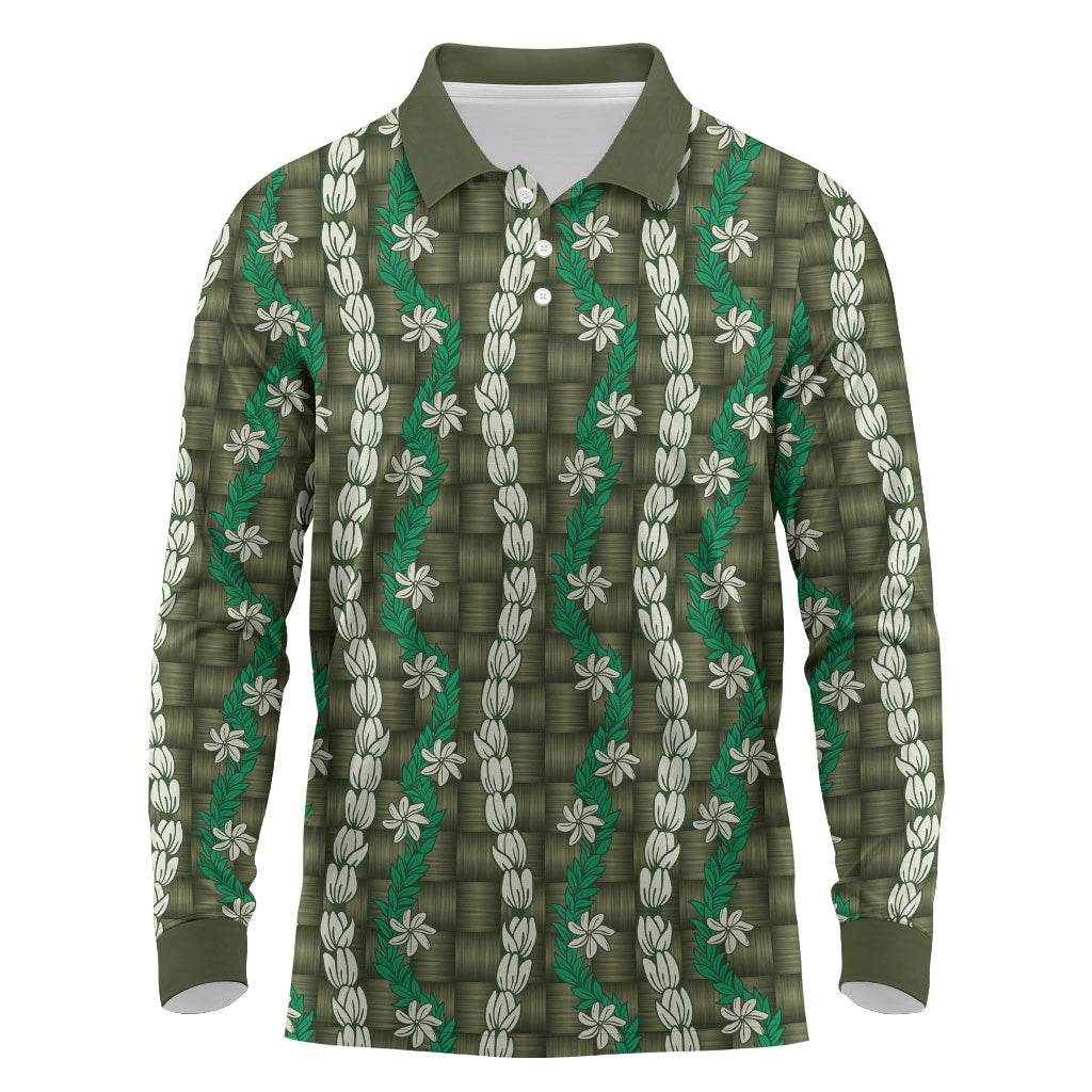 Pikake Maile Tiare Lei Long Sleeve Polo Shirt Omaomao Lauhala Pattern
