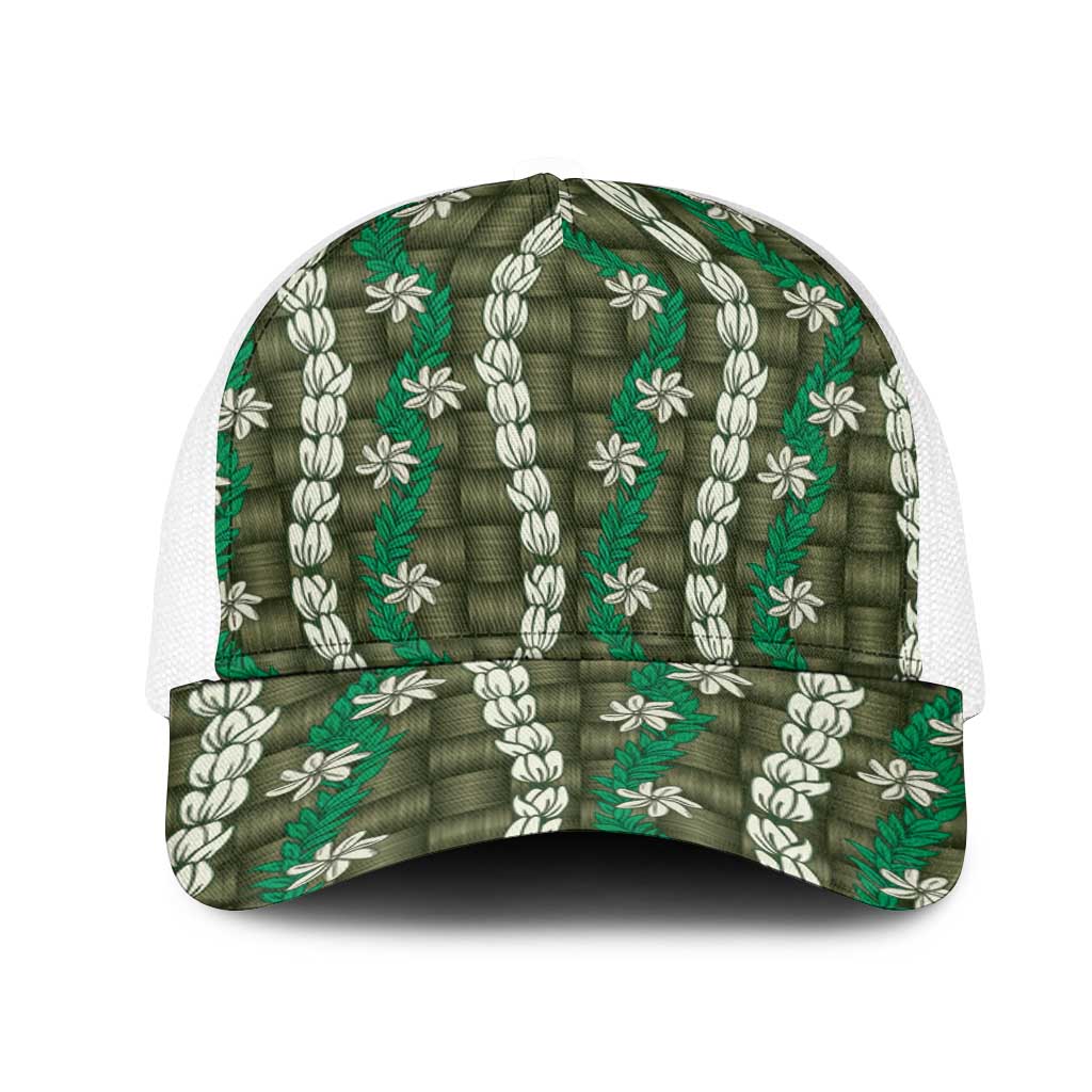 Pikake Maile Tiare Lei Mesh Trucker Cap Omaomao Lauhala Pattern