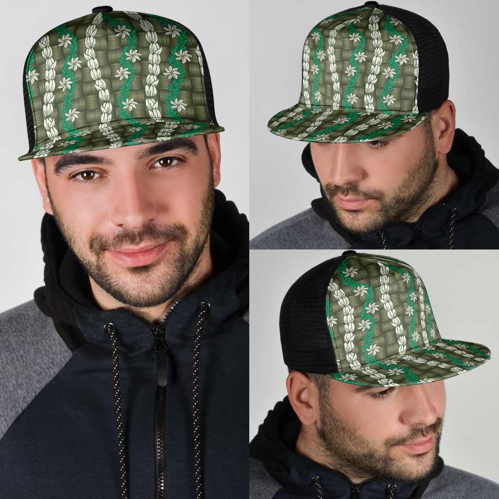 Pikake Maile Tiare Lei Mesh Trucker Cap Omaomao Lauhala Pattern