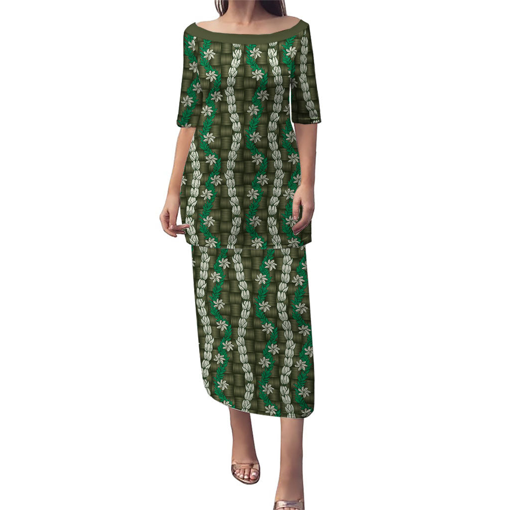 Pikake Maile Tiare Lei Puletasi Omaomao Lauhala Pattern LT01 Long Dress Green - Polynesian Pride