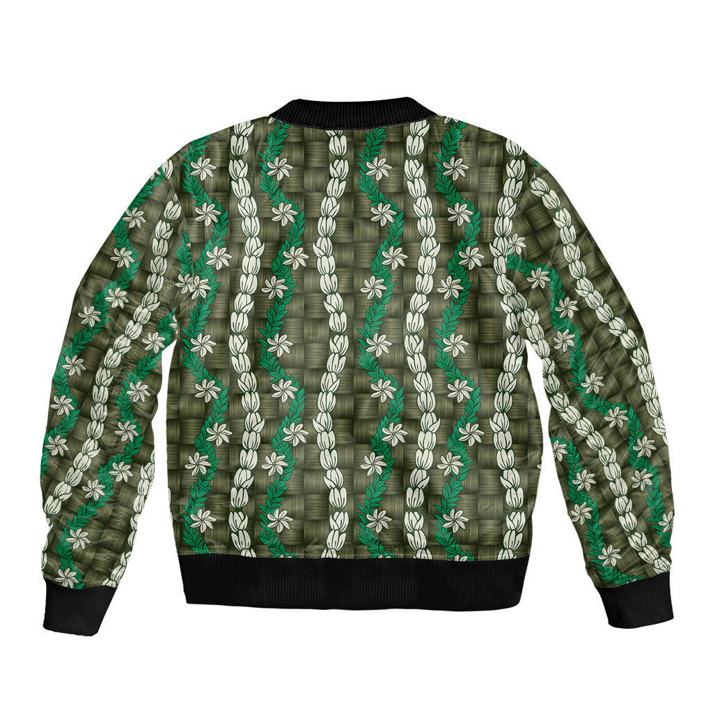 Pikake Maile Tiare Lei Sleeve Zip Bomber Jacket Omaomao Lauhala Pattern