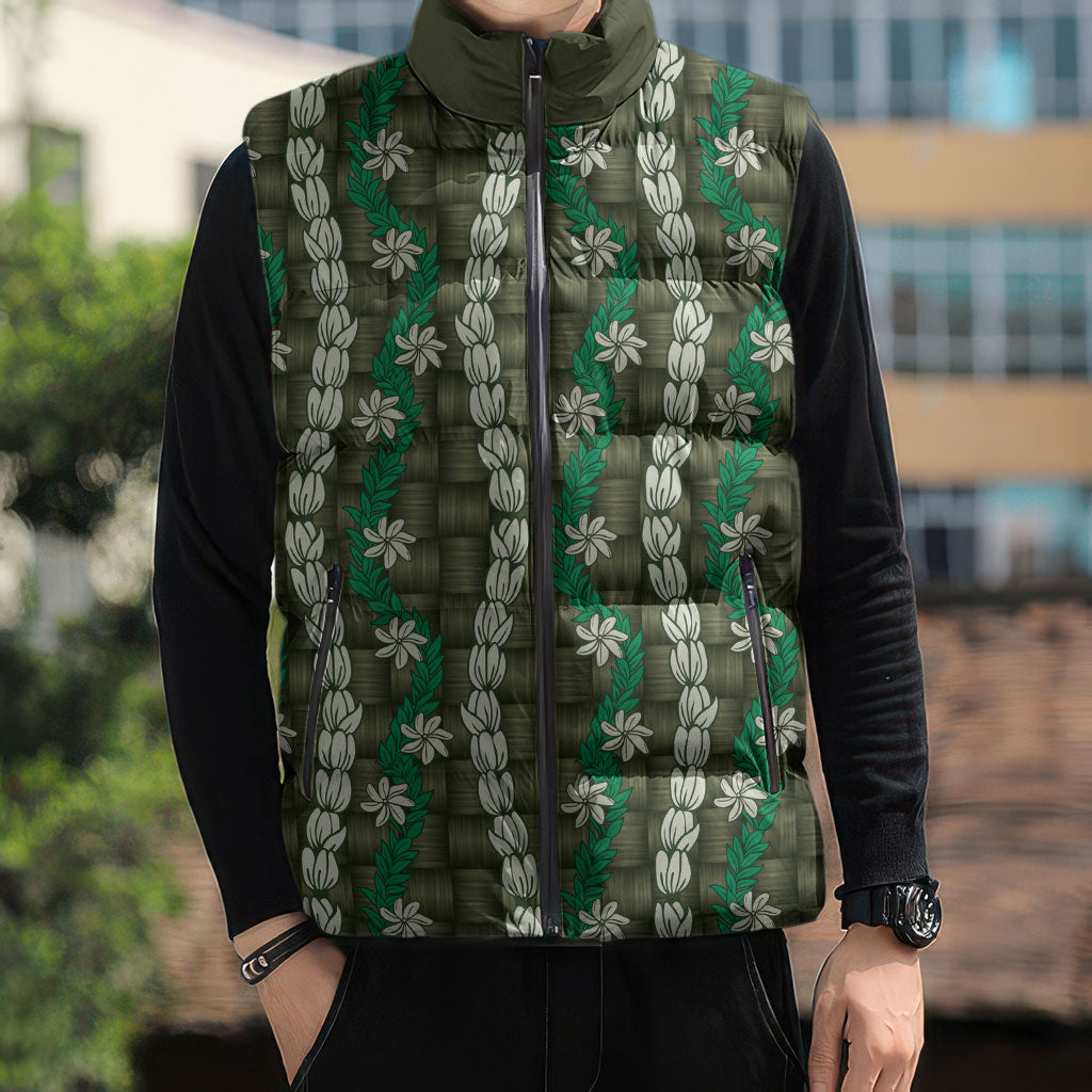 Pikake Maile Tiare Lei Sleeveless Puffer Jacket Omaomao Lauhala Pattern