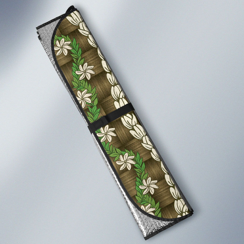 Pikake Maile Tiare Lei Auto Sun Shade Natural Lauhala Pattern