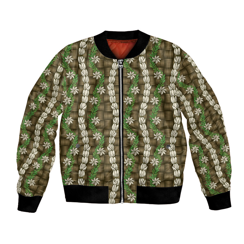 Pikake Maile Tiare Lei Bomber Jacket Natural Lauhala Pattern