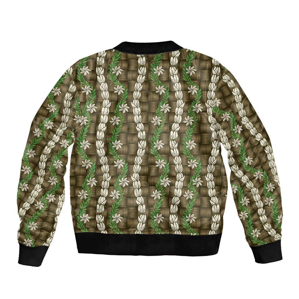 Pikake Maile Tiare Lei Bomber Jacket Natural Lauhala Pattern