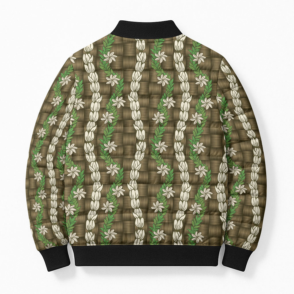 Pikake Maile Tiare Lei Bomber Puffer Jacket Natural Lauhala Pattern