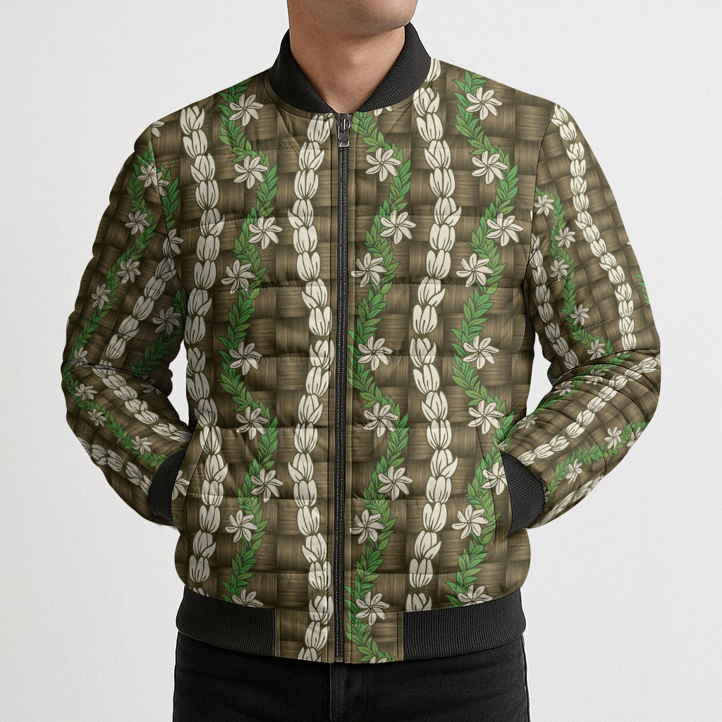Pikake Maile Tiare Lei Bomber Puffer Jacket Natural Lauhala Pattern