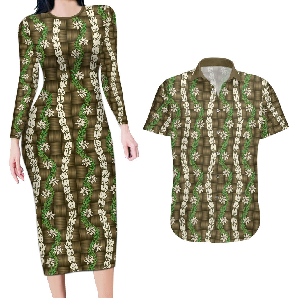 Pikake Maile Tiare Lei Couples Matching Long Sleeve Bodycon Dress and Hawaiian Shirt Natural Lauhala Pattern