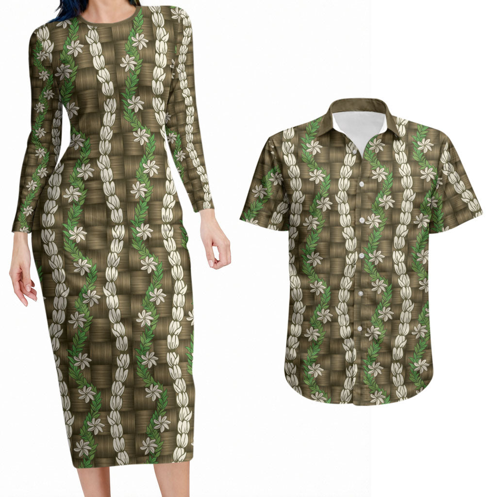 Pikake Maile Tiare Lei Couples Matching Long Sleeve Bodycon Dress and Hawaiian Shirt Natural Lauhala Pattern LT01 Brown - Polynesian Pride