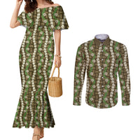 Pikake Maile Tiare Lei Couples Matching Mermaid Dress and Long Sleeve Button Shirt Natural Lauhala Pattern