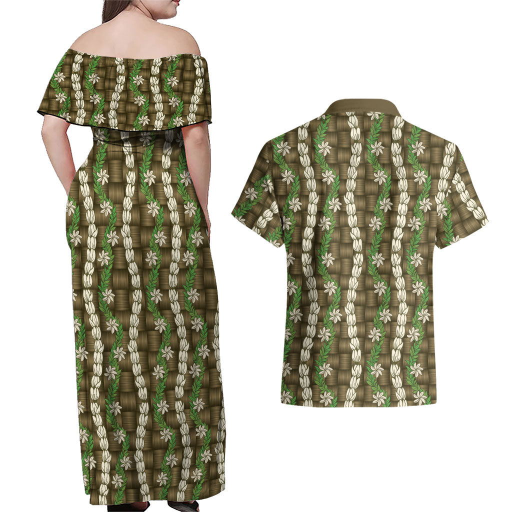 Pikake Maile Tiare Lei Couples Matching Off Shoulder Maxi Dress and Hawaiian Shirt Natural Lauhala Pattern