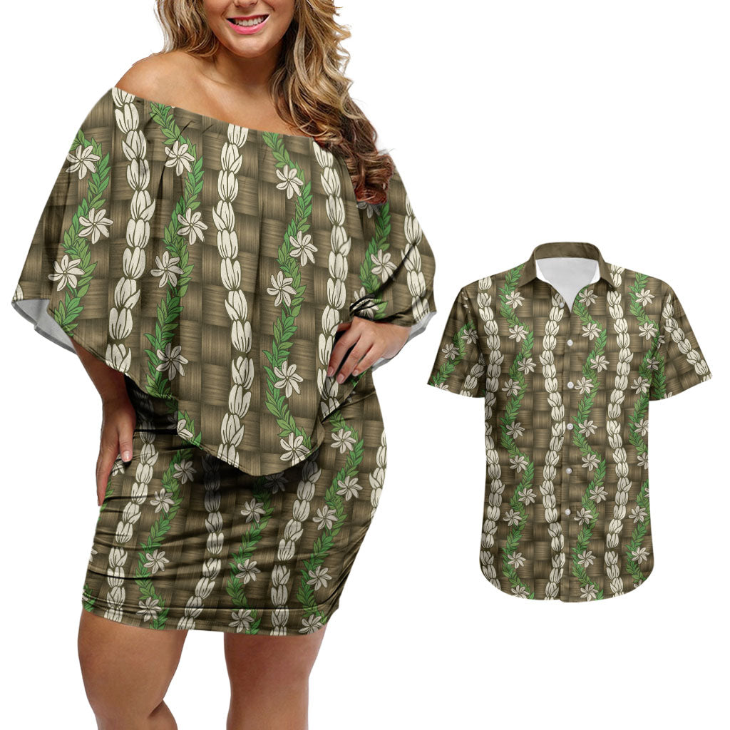 Pikake Maile Tiare Lei Couples Matching Off Shoulder Short Dress and Hawaiian Shirt Natural Lauhala Pattern LT01 Brown - Polynesian Pride