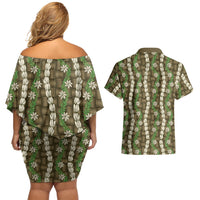 Pikake Maile Tiare Lei Couples Matching Off Shoulder Short Dress and Hawaiian Shirt Natural Lauhala Pattern