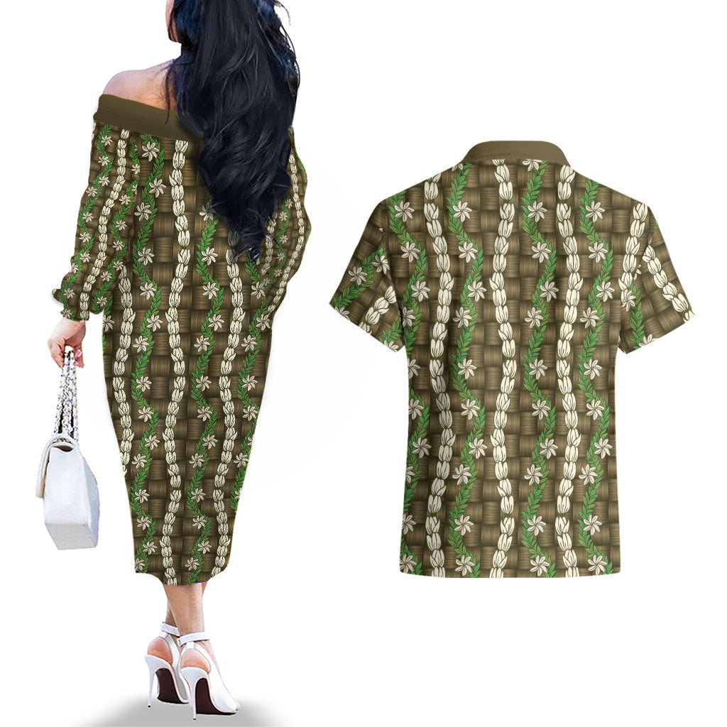 Pikake Maile Tiare Lei Couples Matching Off The Shoulder Long Sleeve Dress and Hawaiian Shirt Natural Lauhala Pattern