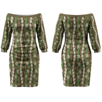 Pikake Maile Tiare Lei Couples Matching Off The Shoulder Long Sleeve Dress and Hawaiian Shirt Natural Lauhala Pattern LT01 - Polynesian Pride
