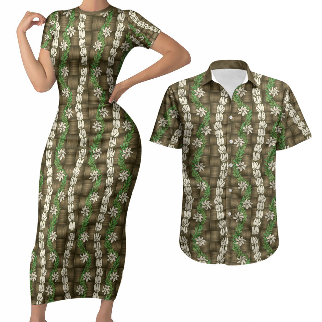 Pikake Maile Tiare Lei Couples Matching Short Sleeve Bodycon Dress and Hawaiian Shirt Natural Lauhala Pattern LT01 Brown - Polynesian Pride