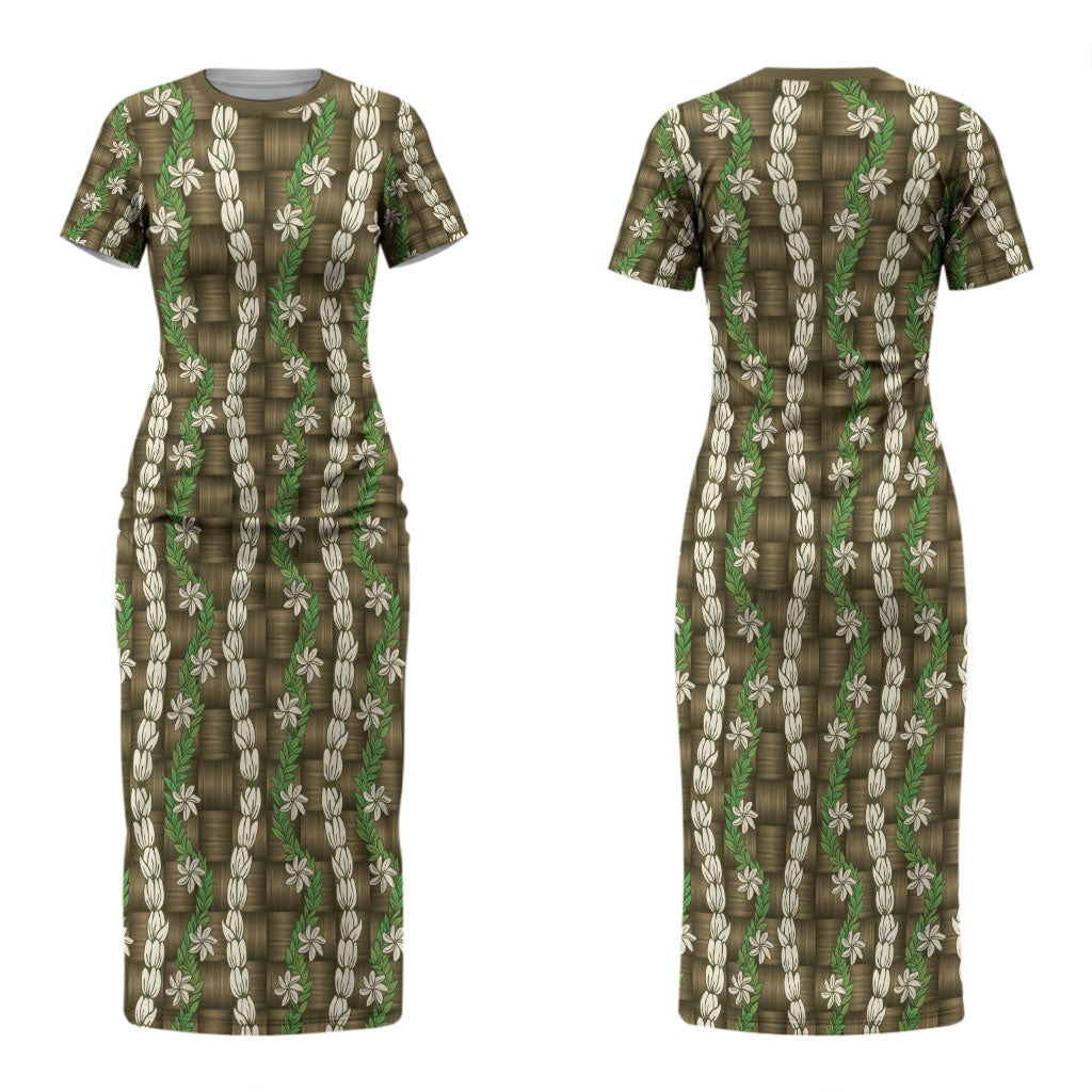 Pikake Maile Tiare Lei Couples Matching Short Sleeve Bodycon Dress and Hawaiian Shirt Natural Lauhala Pattern LT01 - Polynesian Pride