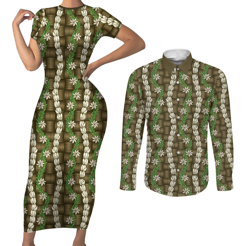 Pikake Maile Tiare Lei Couples Matching Short Sleeve Bodycon Dress and Long Sleeve Button Shirt Natural Lauhala Pattern