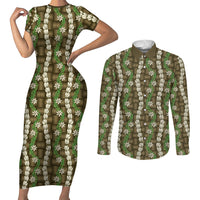 Pikake Maile Tiare Lei Couples Matching Short Sleeve Bodycon Dress and Long Sleeve Button Shirt Natural Lauhala Pattern