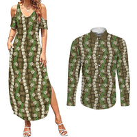 Pikake Maile Tiare Lei Couples Matching Summer Maxi Dress and Long Sleeve Button Shirt Natural Lauhala Pattern
