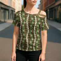 Pikake Maile Tiare Lei Cross Shoulder Shirt Natural Lauhala Pattern