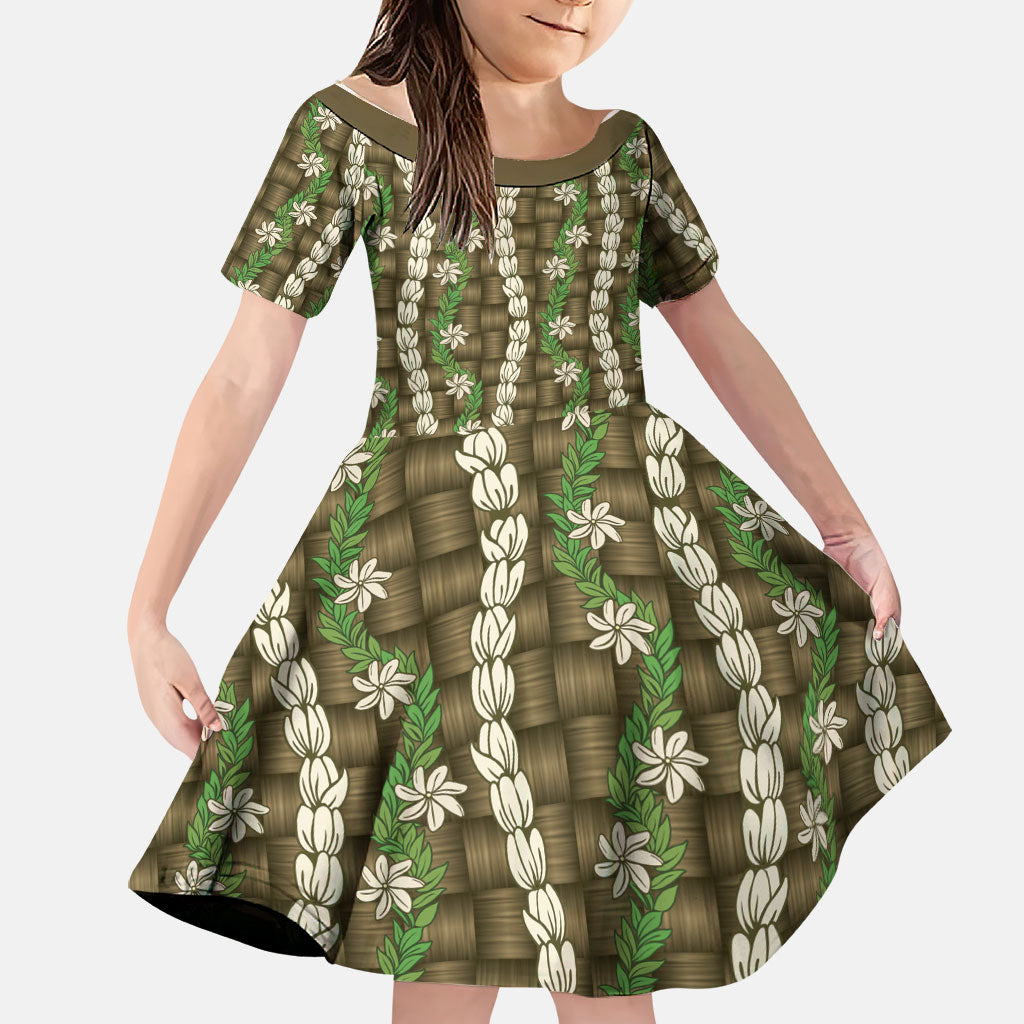 Pikake Maile Tiare Lei Family Matching Long Sleeve Bodycon Dress and Hawaiian Shirt Natural Lauhala Pattern