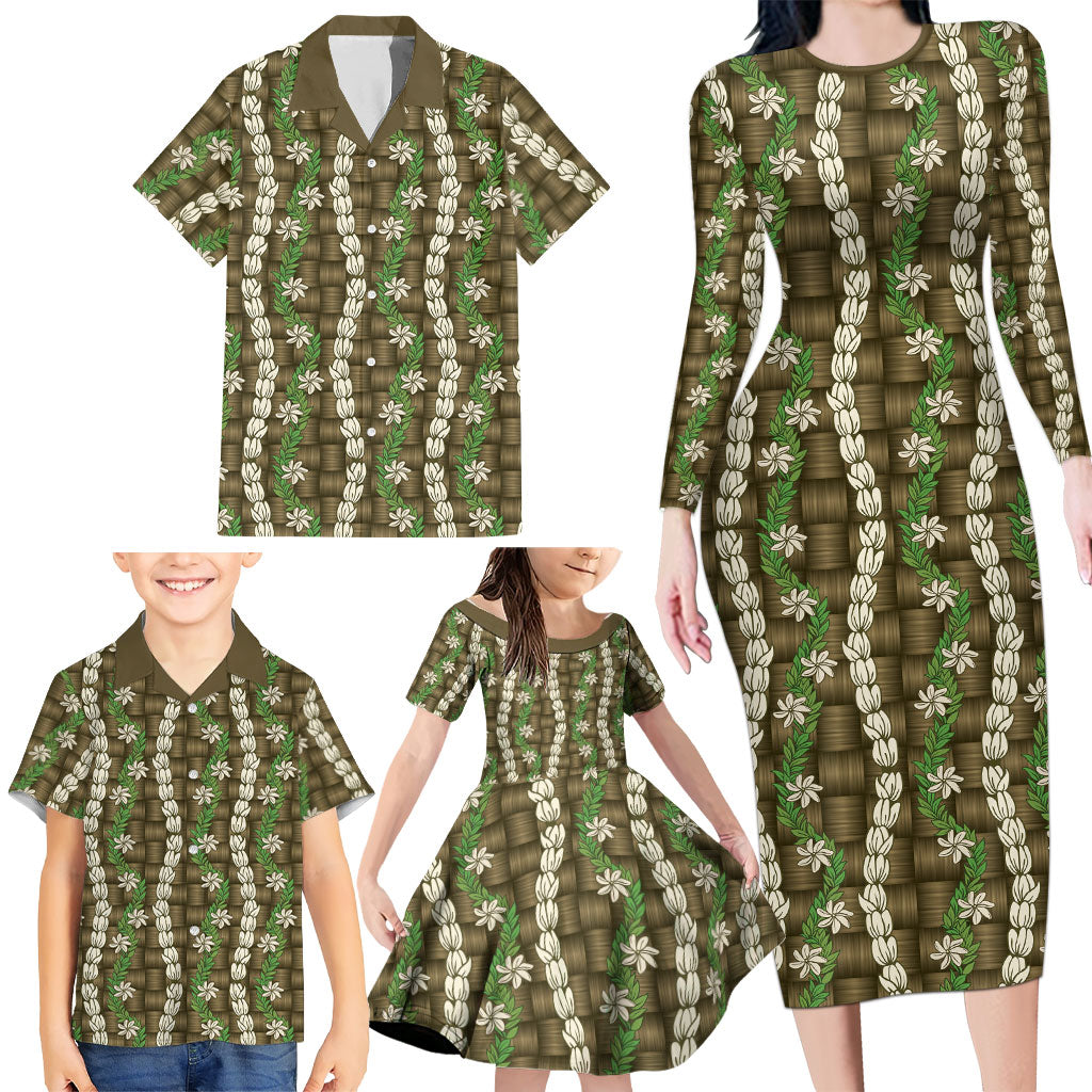 Pikake Maile Tiare Lei Family Matching Long Sleeve Bodycon Dress and Hawaiian Shirt Natural Lauhala Pattern