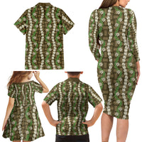 Pikake Maile Tiare Lei Family Matching Long Sleeve Bodycon Dress and Hawaiian Shirt Natural Lauhala Pattern