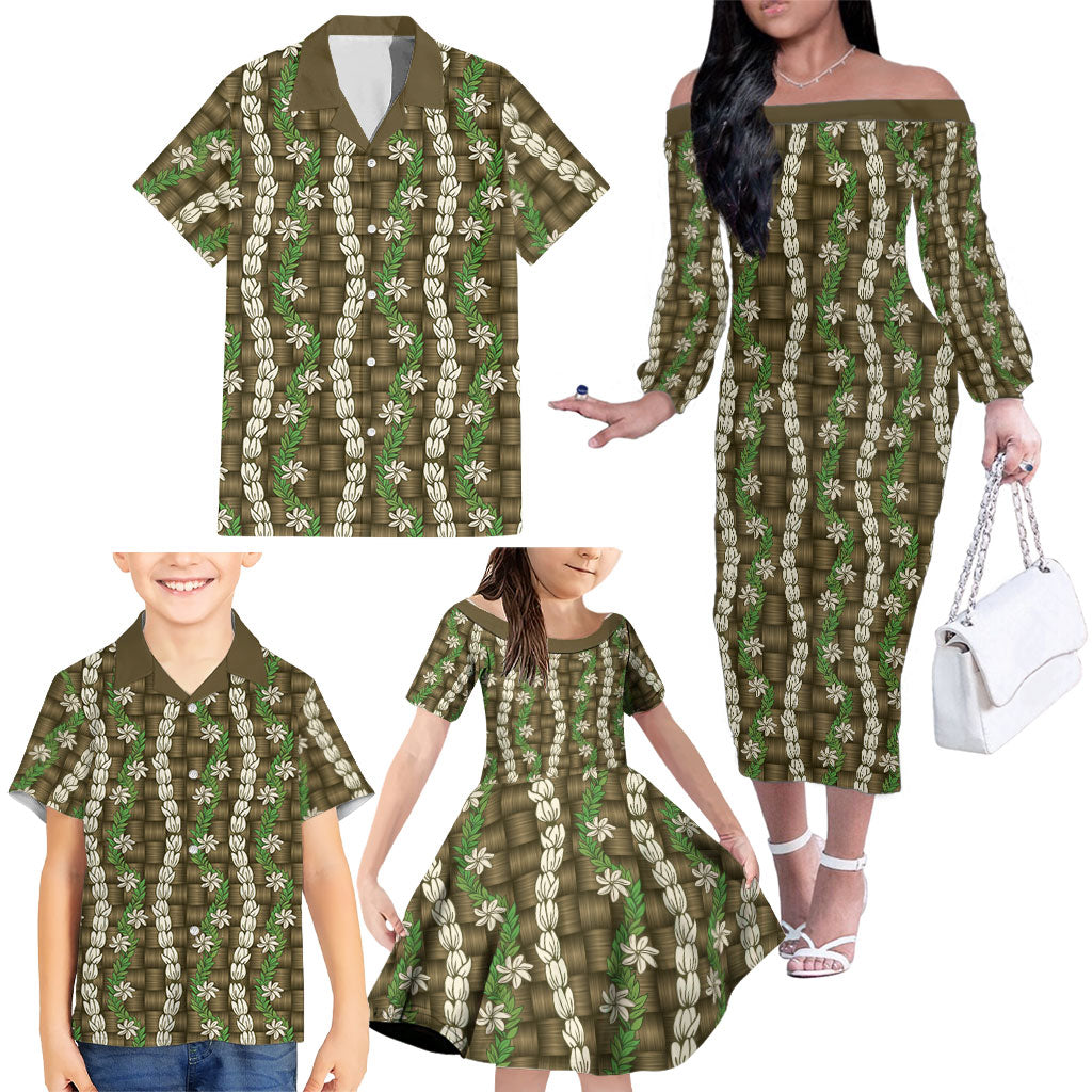 Pikake Maile Tiare Lei Family Matching Off The Shoulder Long Sleeve Dress and Hawaiian Shirt Natural Lauhala Pattern