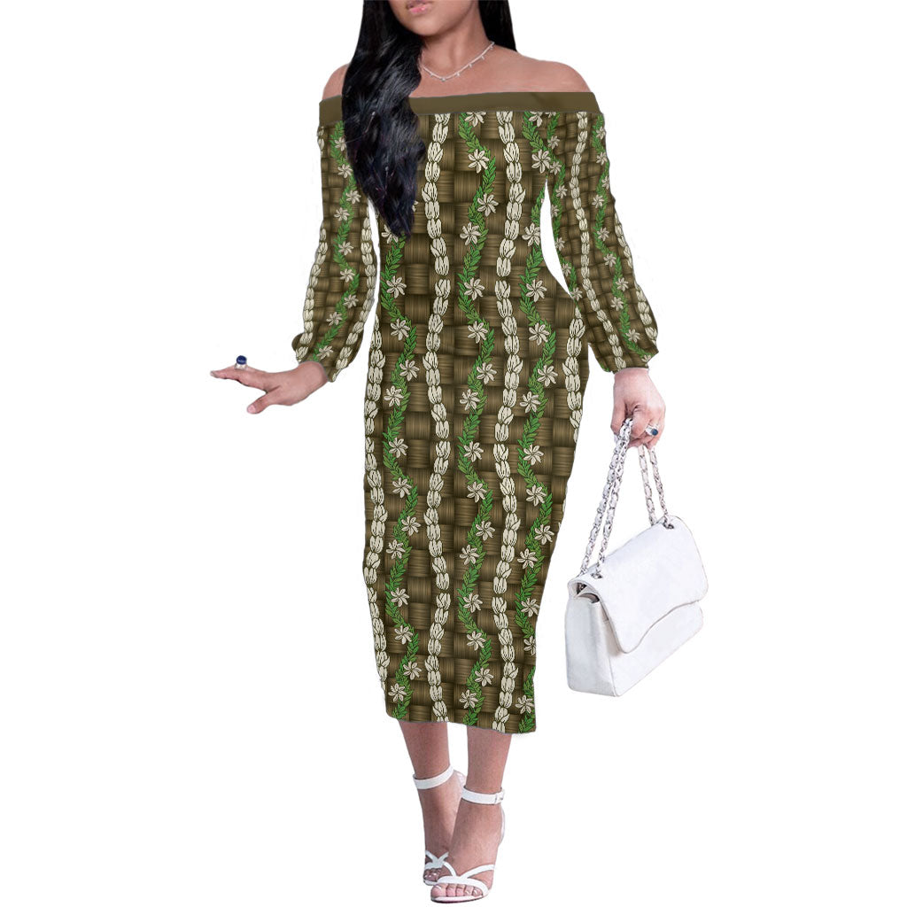 Pikake Maile Tiare Lei Family Matching Off The Shoulder Long Sleeve Dress and Hawaiian Shirt Natural Lauhala Pattern
